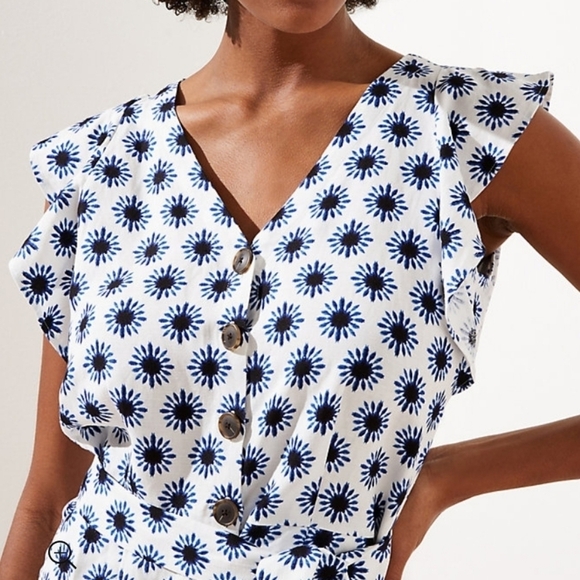 LOFT Flutter Romper Linen Mix Blue/White‎ Women's Size 0 - Picture 2 of 14